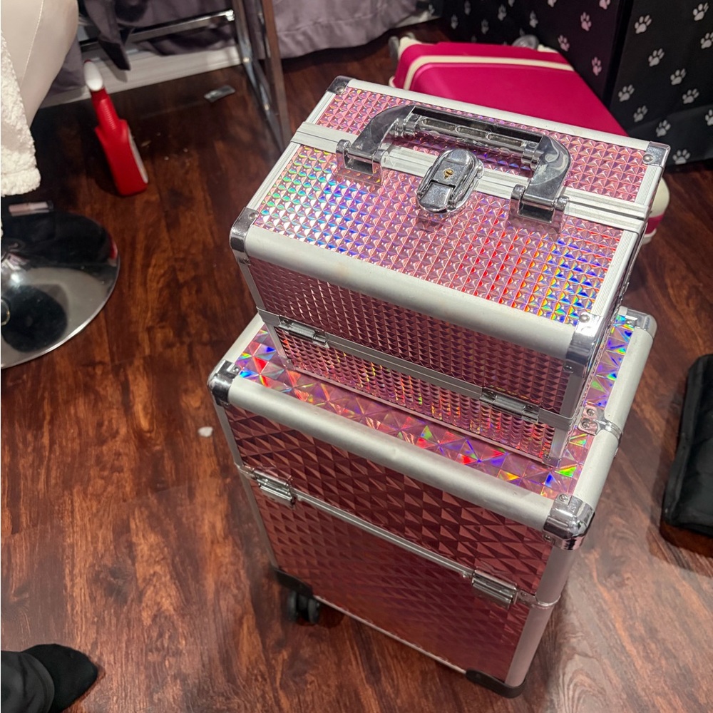 Holographic Pink Makeup Train Case Set